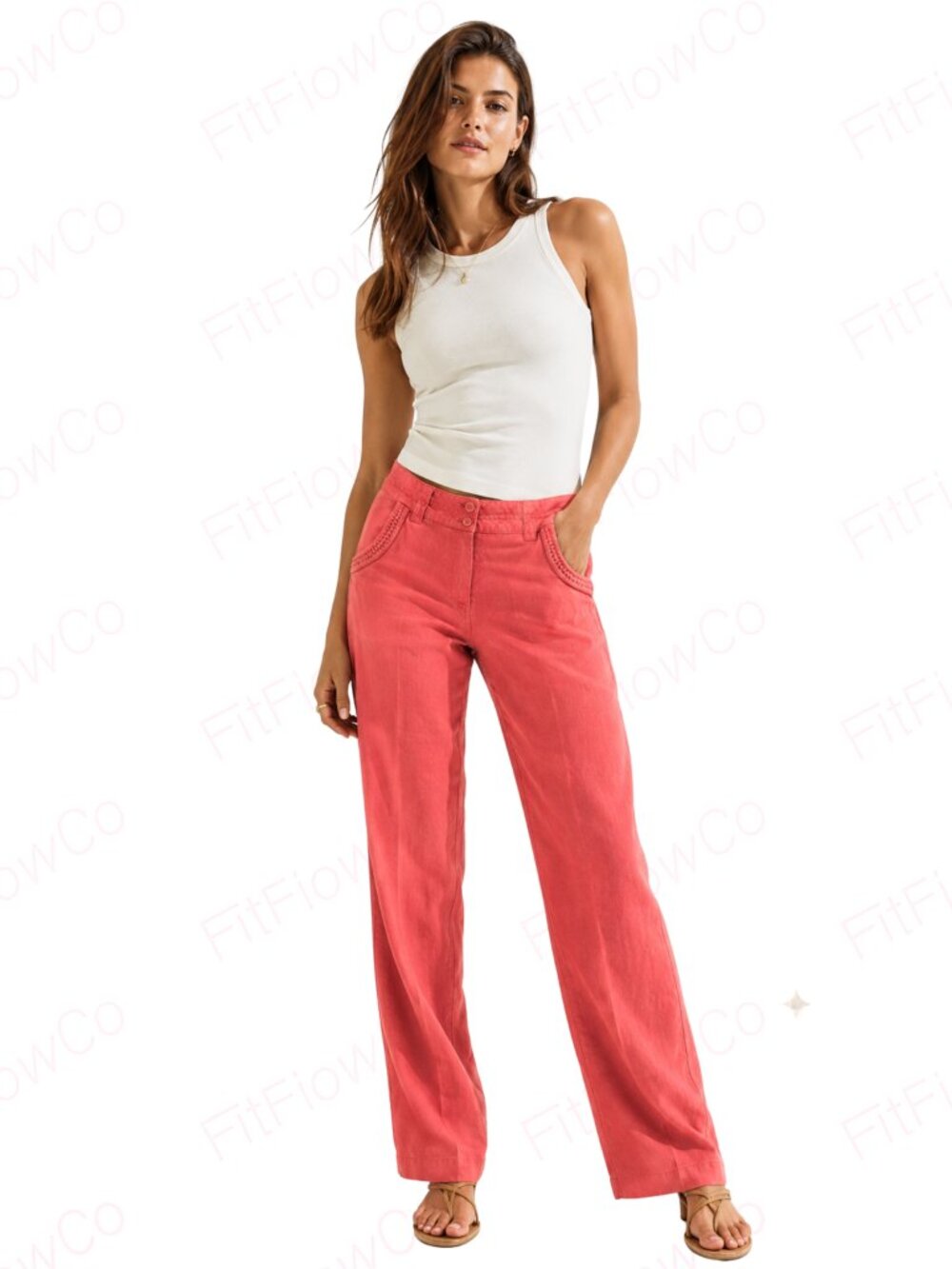 Vantarsi Coral 100% Linen Straight Leg Pants Size S Braided Trim